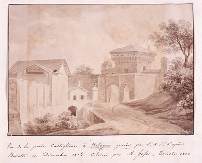 منظر لبوابة Castiglione في بولونيا ، نقشها S.A.I. بعد بوساتي ، ديسمبر 1814 (نقش ملون) بواسطة المدرسة الايطالية