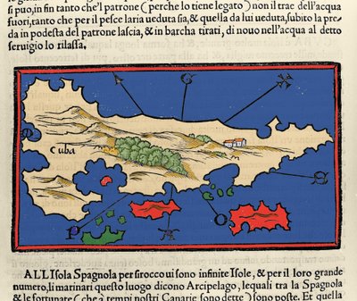منظر لجزيرة كوبا. Isolario (خريطة الجزر) بواسطة Benedetto Bordone. البندقية 1547 بواسطة المدرسة الايطالية
