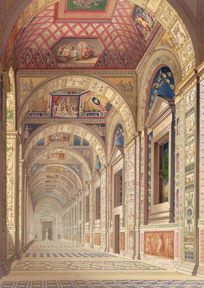 منظر للطابق الثاني لوجيا في الفاتيكان ، مع زخرفة رافاييل ، من Delle Loggie di Rafaele nel Vaticano ، نُشرت على شكل ورقة فضفاضة في طبعة عام 1814 (نقش ملون باليد) بواسطة المدرسة الايطالية