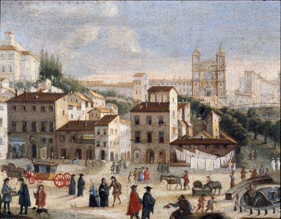 منظر على ساحة إسبانيا وكنيسة القديس الثالوث في روما - القرن السابع عشر (رسم) بواسطة المدرسة الايطالية