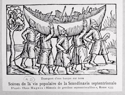 الفايكنج يحملون قاربًا إلى روسيا ، من تاريخ الشعوب الشمالية بقلم Olaus Magnus (1490-1558) ، نُشر في روما ، 1555 بواسطة المدرسة الايطالية