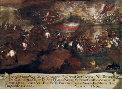 حرب كانديا (كريت) :: "" معركة خانيا بقيادة فرانشيسكو موروسيني (1619-1694) في أغسطس 1660 "(حرب كريت (1645-69): هجوم كانيا بقيادة فرانشيسكو موروسيني في أغسطس 1660) مدرسة البندقية بواسطة المدرسة الايطالية
