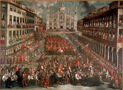 حرب الخلافة الإسبانية: "" الاحتفالات المنظمة للاحتفال بدخول الأمير أوجينيو دي سافويا (1663-1736) إلى ميلانو على رأس الجيش المنتصر بعد معركة تورين في 24/09/1706 "(الاحتفال في ساحة دومو) في ميلانو للفائز بواسطة المدرسة الايطالية