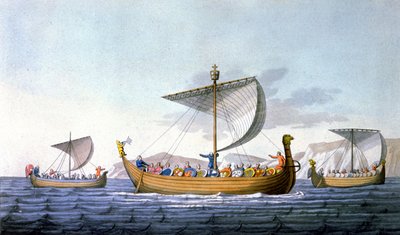ويليام الفاتح وقواته البحرية ، متجهين إلى إنجلترا ، رسم توضيحي من "Le costume ancien ou moderne" بقلم جي فيرارو ، ميلان ، حوالي عام 1820 (نقش ملون) بواسطة المدرسة الايطالية