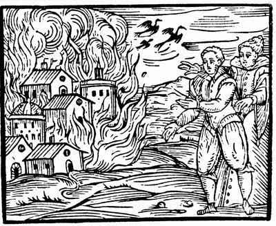 السحرة يدمرون منزلًا بالنار ، Swabia في عام 1533 ، رسم توضيحي من Compendium Maleficarum بقلم فرانشيسكو ماريا Guazzo ، 1608 بواسطة المدرسة الايطالية