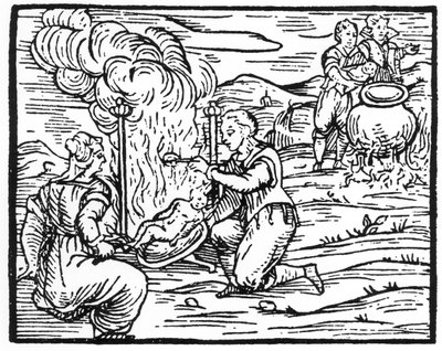 السحرة تحميص وغلي الرضع ، نسخة من رسم توضيحي من Compendium Maleticarum بواسطة Fr M Guaccius ، ميلان 1608 ، تم استخدامه في تاريخ السحر ، تم نشره في أواخر القرن التاسع عشر بواسطة المدرسة الايطالية