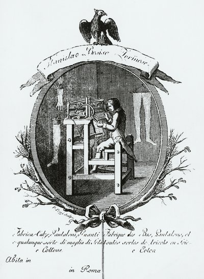 عامل في النول ، Image Advertising Stanislaus Bosisio Torinese ، مُصنِّع الجوارب ، والسراويل ، والقفازات ، وأي نوع من أنواع الحرير والقطن المحبوكة ، نقش ، إيطاليا بواسطة المدرسة الايطالية