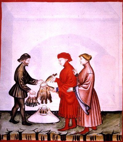 dol.106v Little Birds and Thrushes ، رسم توضيحي من "Tacuinum Santiatis Codex Vindobonensis" (ورق) بواسطة المدرسة الايطالية