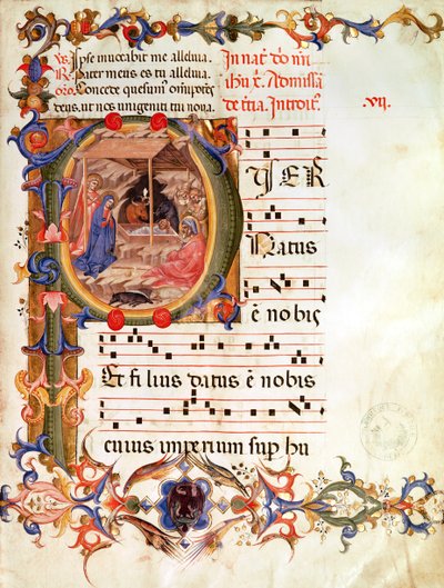 ds 1171 ، صفحة 9 أولية مؤرخة بـ "P" تصور الميلاد ، من التدريجي و Antiphon (الرق) بواسطة المدرسة الايطالية