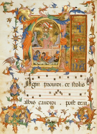 f.80v القيامة ، من "كتاب ترنيمة دير القديس المخلص" ، سيينا 1415 (ورق). بواسطة المدرسة الايطالية