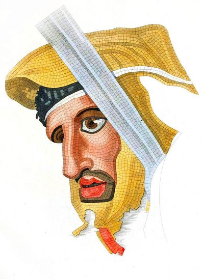 فسيفساء أرضية ، رأس جندي فارسي ، أزيلت من كازا ديل فونو (بيت الفون) ، 1831 بواسطة المدرسة الايطالية