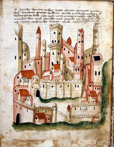 منظر لمدينة القدس ، من Libro dOltramare بواسطة Niccolo da Poggibonsi (قلم وحبر و درجة حرارة على الرق) بواسطة المدرسة الإيطالية المدرسة الإيطالية