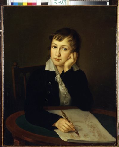صورة للكونت الكسندر نيكولايفيتش موردفينوف (1799-1858). (صورة شخصية الكونت إيه إن موردفينوف). مراهق يجلس على مكتبه ممسكًا برأسه وقلم رصاص ميكانيكي ، ويراقب وجه الرسام الذي يرسم وجهه. لوحة إيفان أليكسيفيتش بواسطة إيفان ألكسيفيتش تيورين