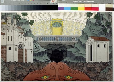 الرسم التحضيري لمسرحية "Le miracle de Theophile" للمخرج Rutebeuf (1230-1285) (تصميم المسرح لمسرحية Le Miracle de Theophile للفنان Rutebeuf). لوحة إيفان ياكوليفيتش بيليبين (بيليبين) (1876-1942). ألوان مائية وحبر على ورق ، 39.5 × 64 سم بواسطة إيفان ياكوفليفيتش بيليبين
