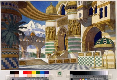 رسم تحضيري لديكور أوبرا "روسلان ولودميلا" للمخرج ميخائيل إيغور جلينكا (1804-1857) (تصميم مسرحي لأوبرا رسلان ولودميلا من تأليف إم جلينكا). لوحة إيفان ياكوليفيتش بيليبين (بيليبين) (1876-1942). ألوان مائية وحبر على ورق ، 3 بواسطة إيفان ياكوفليفيتش بيليبين