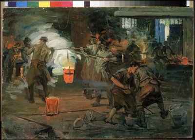 "" عمال في ورشة مسبك "" لوحة رسمها إيفان جورجيفيتش دروزدوف (1880-1939) 1923 متحف الدولة الروسي في سانت بطرسبرغ بواسطة إيفان جورجيفيتش دروزدوف