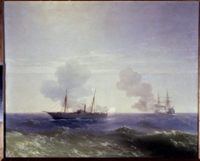 الحرب الروسية التركية (الروسية التركية) 1877-1878: المعركة البحرية بين الطراد الروسي فيستا والسفينة الحربية فتحي بوليند في البحر الأسود ، 11 يوليو 1877 (المعركة البحرية بين الطراد الروسي فيستا والسفينة الحربية فتحي بولند في بواسطة إيفان كونستانتينوفيتش أيفازوفسكي