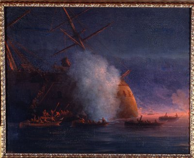 الحرب الروسية التركية (الروسية التركية) 1877-1878: هجوم القاطع الروسي على البارجة البخارية التركية أساري شيفكيت في البحر الأسود في 12 أغسطس 1877 بواسطة إيفان كونستانتينوفيتش أيفازوفسكي