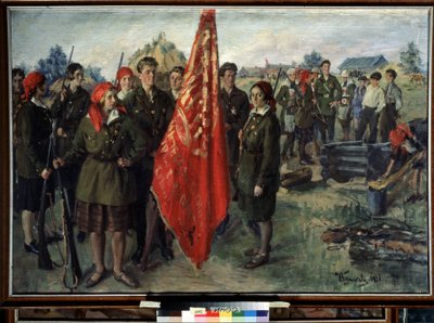 كومسومول العسكرية (كومسومول العسكرية). تنظيم الشباب الشيوعي للاتحاد السوفياتي ، وصف مجموعة من الشباب بالزي الرسمي (العسكري والمستوصف) والأسلحة التي تم جمعها حول المعيار الأحمر ، بالقرب من المباني المؤقتة بواسطة إيفان سيميونوفيتش كوليكوف