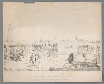 منظر لمدينة أنتويرب في اليوم التالي للقصف ، في 28 أكتوبر 1830 (العنوان على الجسم) بواسطة إيزاك شومان
