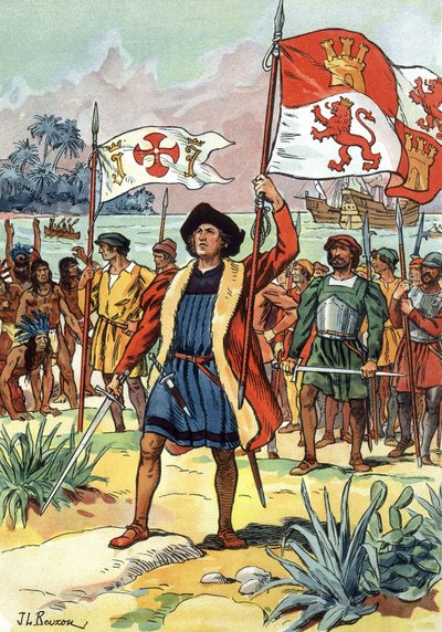 1492: وصول كريستوفر كولومبوس إلى أمريكا حاملاً العلم الإسباني بواسطة جي إل بيوزون (fl.1880 1940)