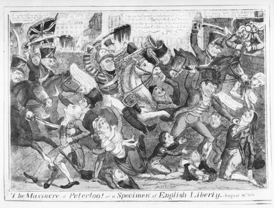 "مذبحة بيترلو! أو عينة من الحرية الإنجليزية، 16 أغسطس 1819" (نقش) بواسطة علامات JL