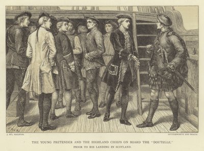 The Pretender و The Highland Chiefs على متن Doutelle قبل هبوطه في اسكتلندا بواسطة J.M.L. Ralston