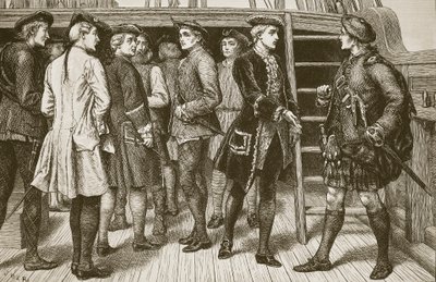 The Pretender و The Highland Chiefs على متن "Doutelle" قبل هبوطه في اسكتلندا ، نقشها بتروورث وهيث بواسطة J.M.L. Ralston