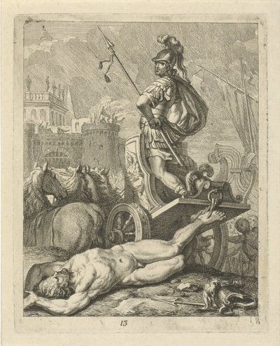 أخيل مع جثة هيكتور خلف عربته مشاهد من حياة أخيل (عنوان المسلسل) Vitam et mortem achilli (عنوان المسلسل) بواسطة ألكسندر يانسنز
