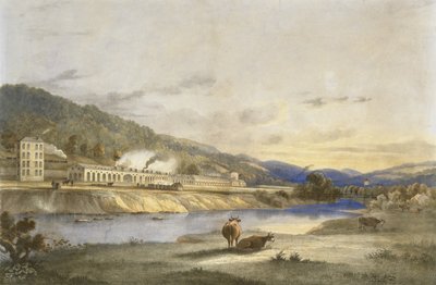 أشغال تريفورست للقصدير، غلامورغانشاير، حوالي عام 1840 (طباعة حجرية ملونة يدوياً على ورق) بواسطة جيه أبليبي