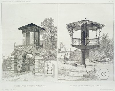 بوابة مع كشك ، Meudon ، وشرفة مغطاة ، St. Denis ، من حجم من التصاميم من قبل العديد من المهندسين المعماريين ، حانة. موريل وسي ، باريس ، حوالي 1880 (حفر) بواسطة جيه بوسارد