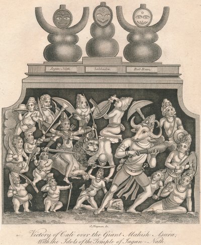 انتصار كالي على العملاق ماهيش أسورا ، مع أصنام معبد جاغان-ناث ، 1809. بواسطة جيه تشابمان