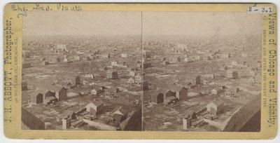 صورة مجسمة للمنظر الشمالي الغربي من برج المياه بعد حريق شيكاغو عام 1871 ، 1871 (صورة وزن الجسم على حامل البطاقة) بواسطة JH أبوت
