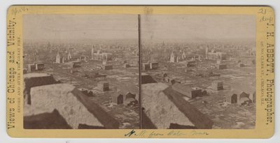 صورة مجسمة شمال غرب برج المياه بعد حريق شيكاغو عام 1871 بواسطة JH أبوت