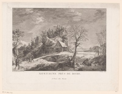 منظر لمنزل بالقرب من جسر به شخصيات Montagne près de Rome (العنوان على الكائن) بواسطة بيير فرانسوا باسان (ربما)