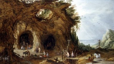 حجاج في ضريح في منظر طبيعي جبلي (زيت على لوح) بواسطة J. و Momper J. de Brueghel