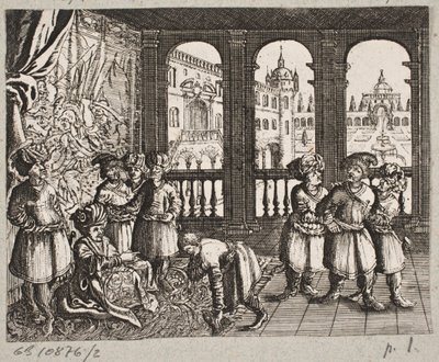 رسم توضيحي لآدم أوليريوس ، "روزنتال الفارسية لشاعر بارع شيش سعدي [...]" ، شليسفيغ 1660 بواسطة جي مولر
