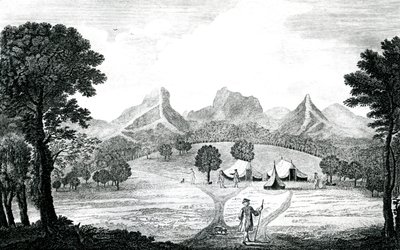 منظر لخيمة الكومودور في جزيرة خوان فرنانديز ، حوالي عام 1745 (نقش) بواسطة شبيبة ميسون