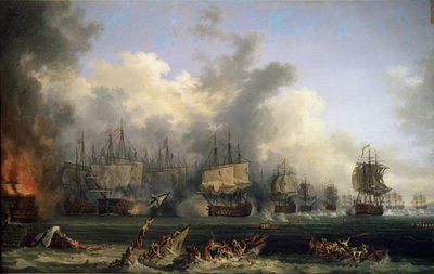 "" غرق السفن التركية أثناء معركة تشيسما في 5/7/1770 "" (معركة تشيسما البحرية في 5 يوليو 1770) عارضت أساطيل كاثرين الثانية لروسيا والإمبراطورية العثمانية ضد خيوس في اليونان (ثورة أورلوف أو إكسبيديشن أوف ذا إف. بواسطة جاكوب فيليب هاكيرت