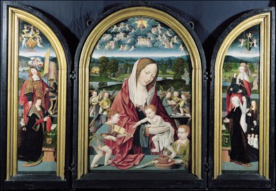 العذراء والطفل مع ملائكة صناعة الموسيقى وعائلة Sampsons-Coolen ، Triptych ، 1500-1525 بواسطة جاكوب كورنيليز فان أوستسانين