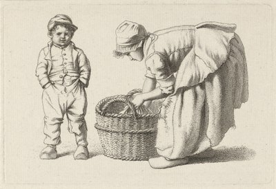 تحني الفتاة بالقرب من سلة وطفل دراسة عمل الطباعة / Etudes Gravées (عنوان السلسلة) بواسطة جاكوب إرنست ماركوس