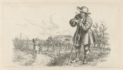رجل يتكئ على عصا وامرأة مع طفل على طريق ريفي دراسة عمل الطباعة / Etudes Gravées (عنوان السلسلة) بواسطة جاكوب إرنست ماركوس