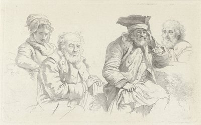 ورقة دراسة بها ثلاثة رجال عجوز وشابة دراسة عمل الطباعة / Etudes Gravées (عنوان السلسلة) بواسطة جاكوب إرنست ماركوس