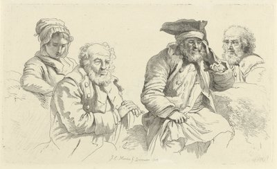 ورقة دراسة بها ثلاثة رجال عجوز وشابة دراسة عمل الطباعة / Etudes Gravées (عنوان السلسلة) بواسطة جاكوب إرنست ماركوس