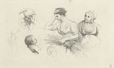 ورقة دراسة مع امرأة بها مجموعة من الفروع والأشكال دراسة عمل الطباعة / Etudes Gravées (عنوان السلسلة) بواسطة جاكوب إرنست ماركوس