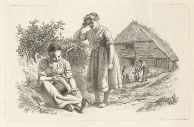 امرأتان ورجل مع أطفال أمام حظيرة دراسة عمل الطباعة / Etudes Gravées (عنوان السلسلة) بواسطة جاكوب إرنست ماركوس