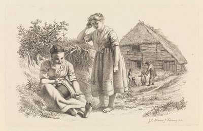 امرأتان ورجل مع أطفال أمام حظيرة دراسة مطبوعة / Etudes Gravées (عنوان السلسلة) بواسطة جاكوب إرنست ماركوس