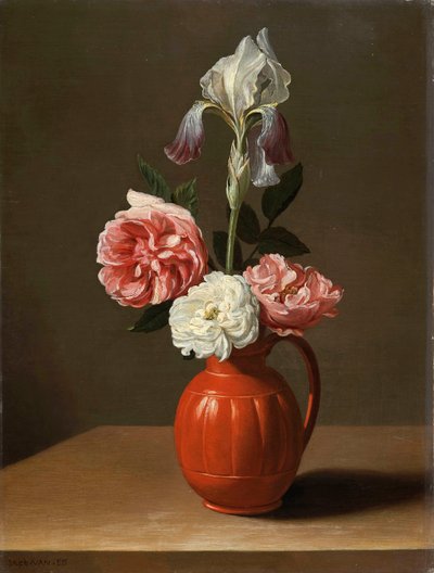 "" Bouquet d'iris et trois roses dans un pot de faience "" (قزحية وثلاثة ورود في وعاء خزفي) لوحة رسمها جاكوب فوبينز فان إس (حوالي 1596-1666) ، - زيت على خشب ، خافت 30x29 سم الحراسة بواسطة جاكوب فوبينس فان إس