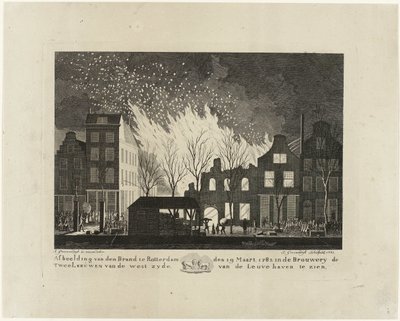 حريق في مصنع الجعة De Twee Leeuwen في روتردام ، 1782 صورة دن براند في روتردام في 19 مارس 1782 في Brouwery de Twee Leeuwen على الجانب الغربي من Leuvehaven (العنوان على الجسم) بواسطة جاكوب جرونينديك