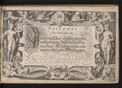 طباعة العنوان بإطار حد استعاري وعنوان مكتوب بخط اليد Spieghel der schriftkonste ، inden welcken ghesien ، تم تقديم العديد من الكتابات مع أسسها وتعاليمها (...) روتردام. Anno 1605 (عنوان السلسلة على الكائن) بواسطة يعقوب ماثام